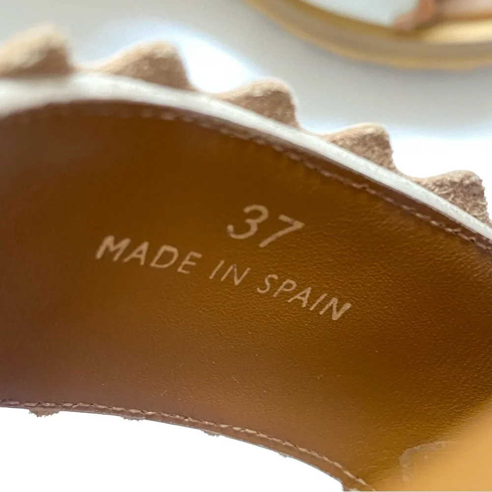 SEE BY CHLOE ROBIN BROWN TAN WHITE ANKLE WRAP BICOLOR PLATFORM WEDGE SANDALS - Picture 12 of 14